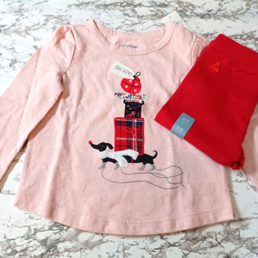 NWT BABY GAP Holiday Outfit: Pink long sleeve top & red leggings Sz: 12-18 mnths